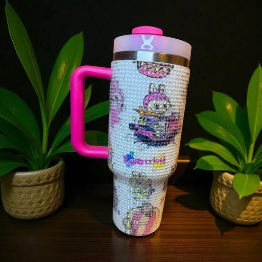 40 oz Hot Pink Scooter Labubu Crystal Encrusted Insulated Tumbler